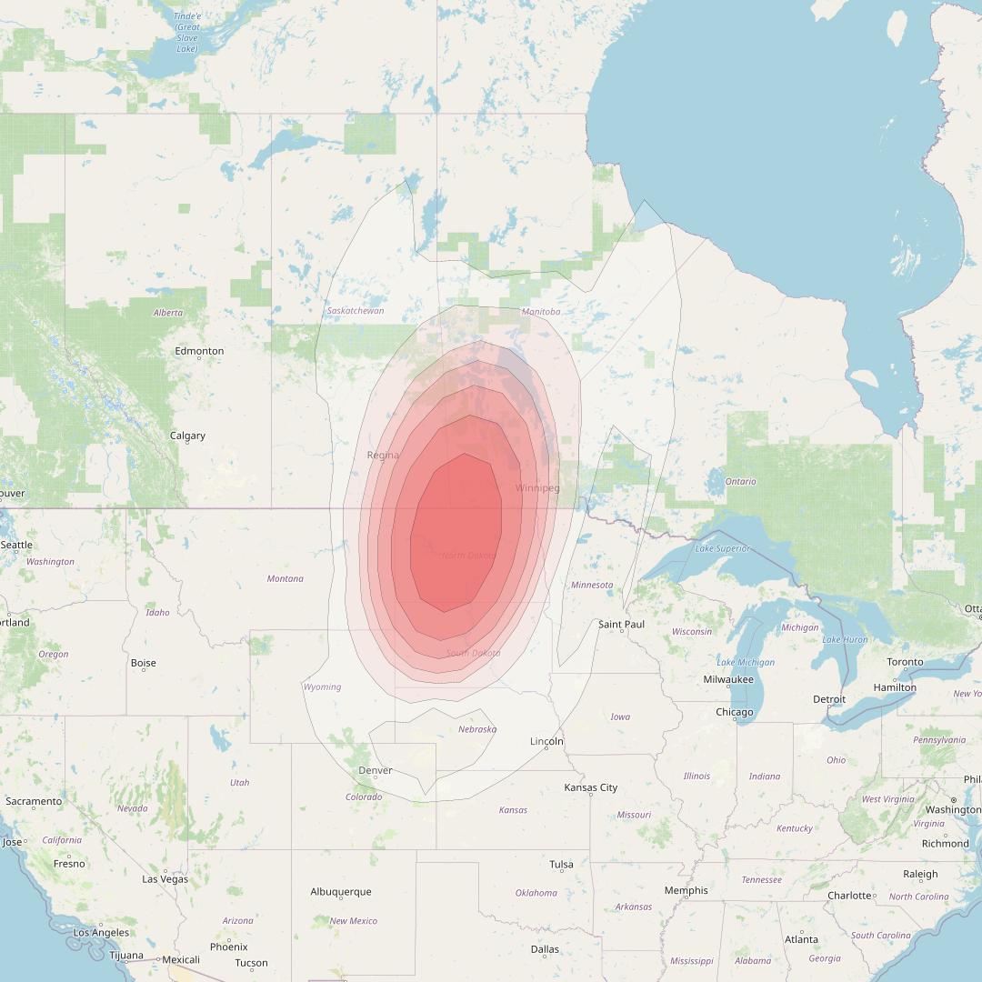 Echostar 10 at 110° W downlink Ku-band Spot CentralNorthDakotaT33 Beam coverage map