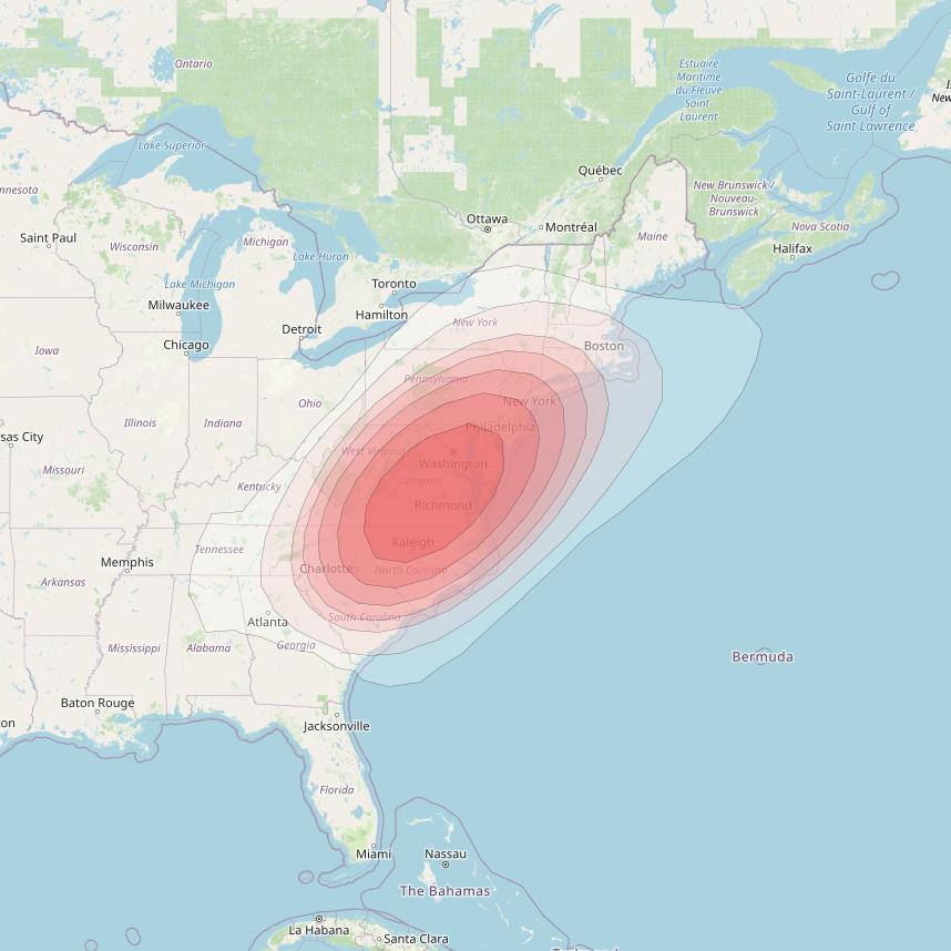 Echostar 10 at 110° W downlink Ku-band Spot EasternVirginiaT5 Beam coverage map