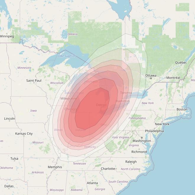 Echostar 10 at 110° W downlink Ku-band Spot SouthMichiganT13 Beam coverage map