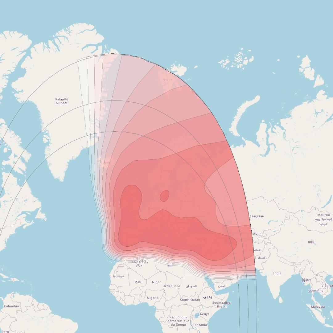 Express AM8 at 14° W downlink Ku-band Europe Middle East beam coverage map