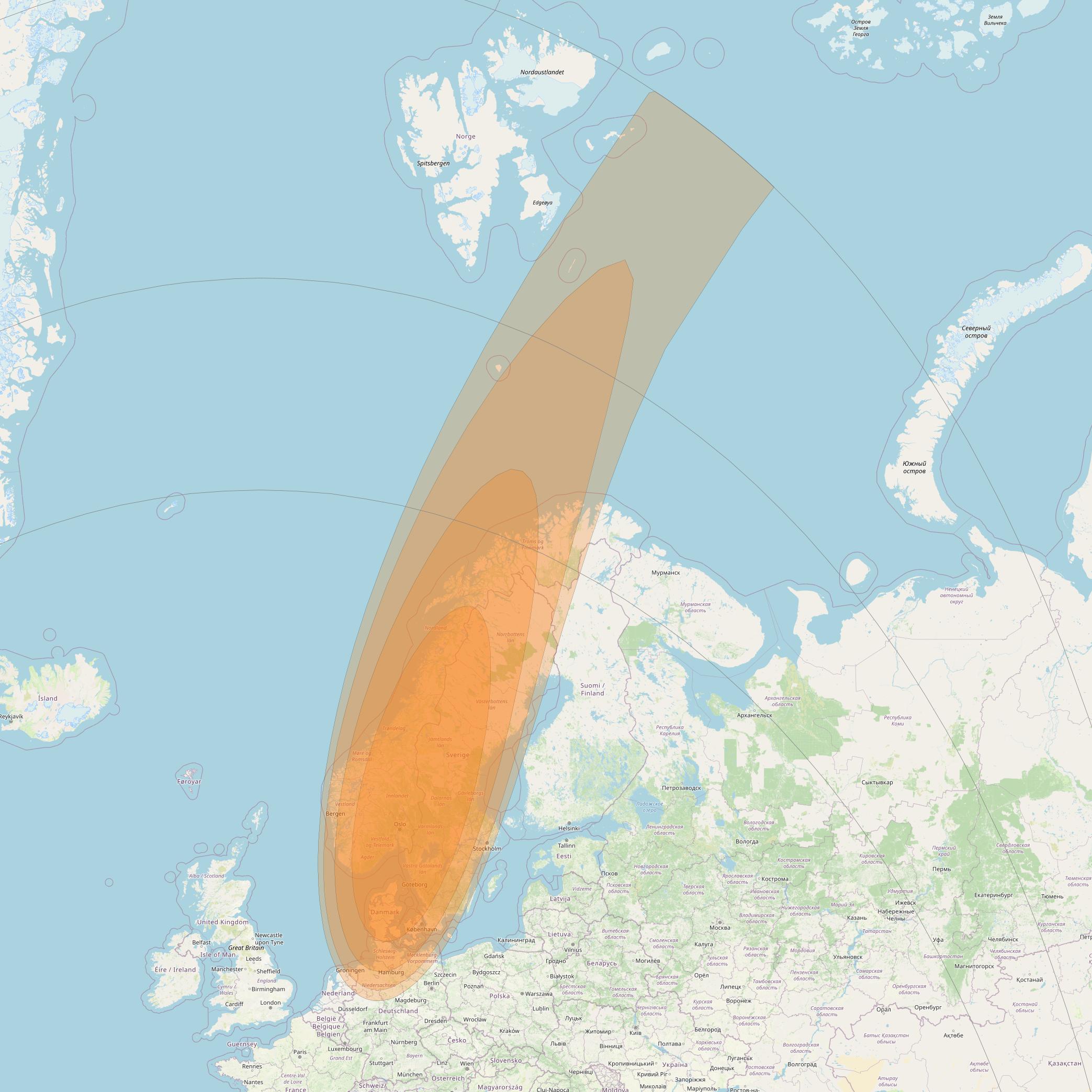 Thor 7 at 1° W downlink Ka-band Spot 02 beam coverage map