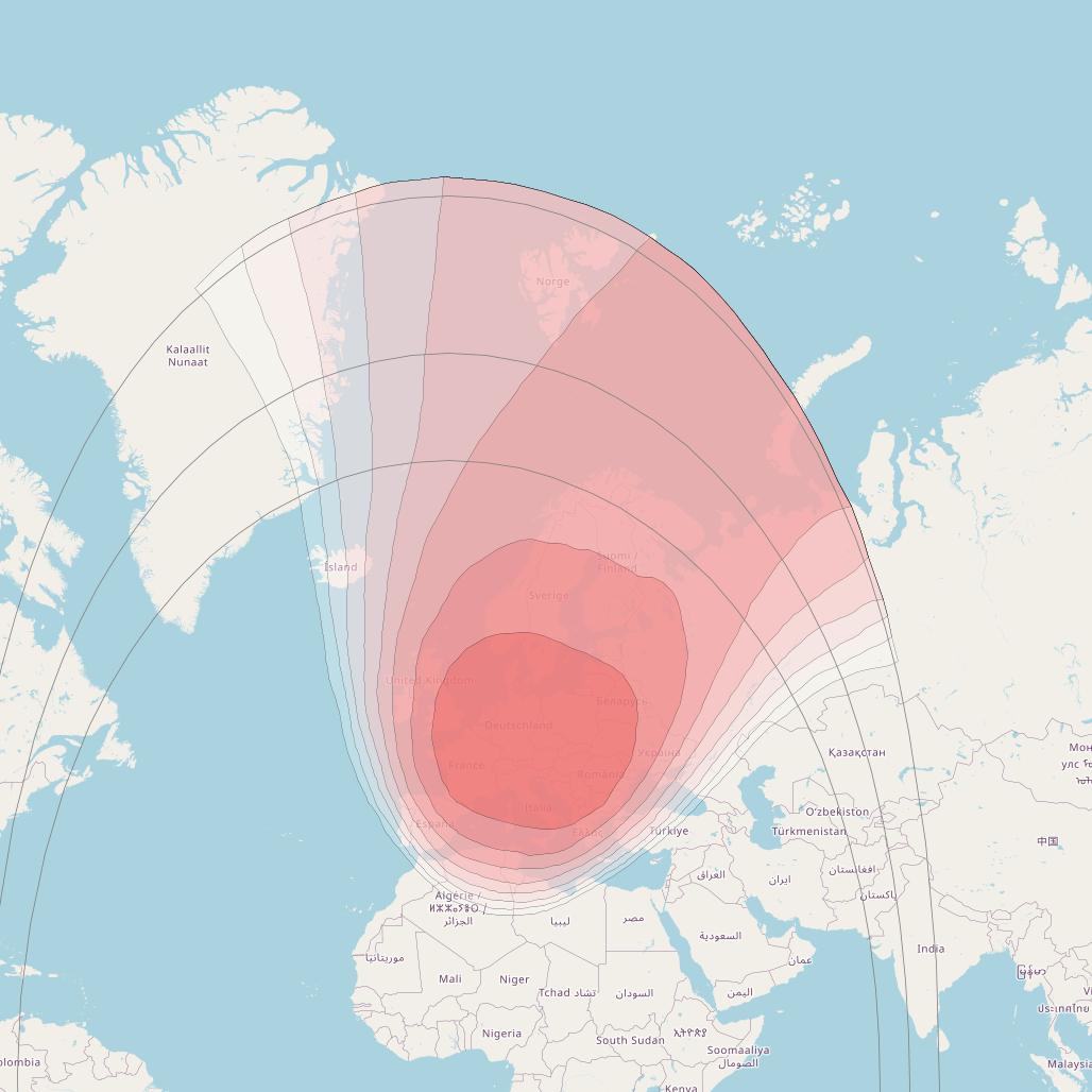 Intelsat 10-02 + MEV2 at 1° W downlink Ku-band Spot 1 Beam coverage map