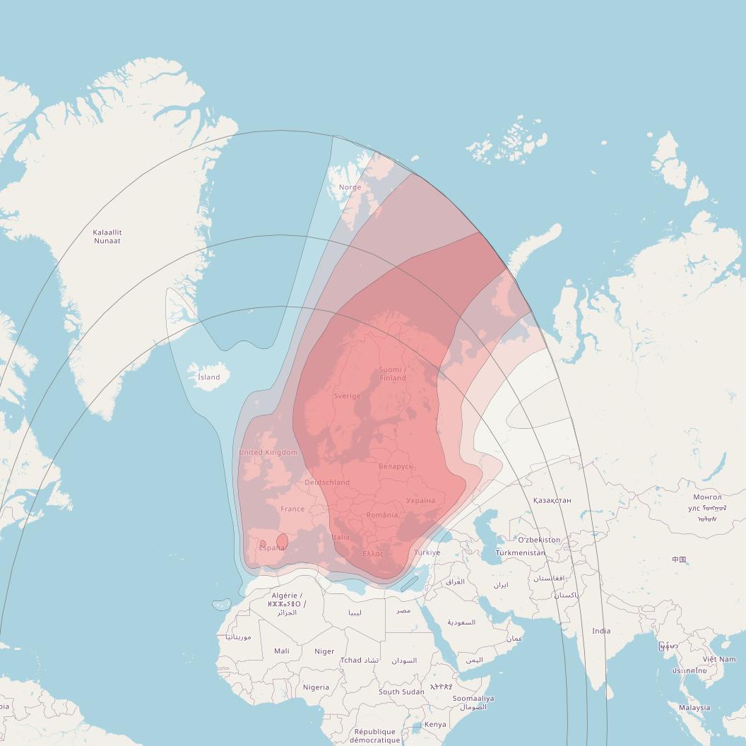 Thor 5 at 1° W downlink Ku-band T2 Beam coverage map