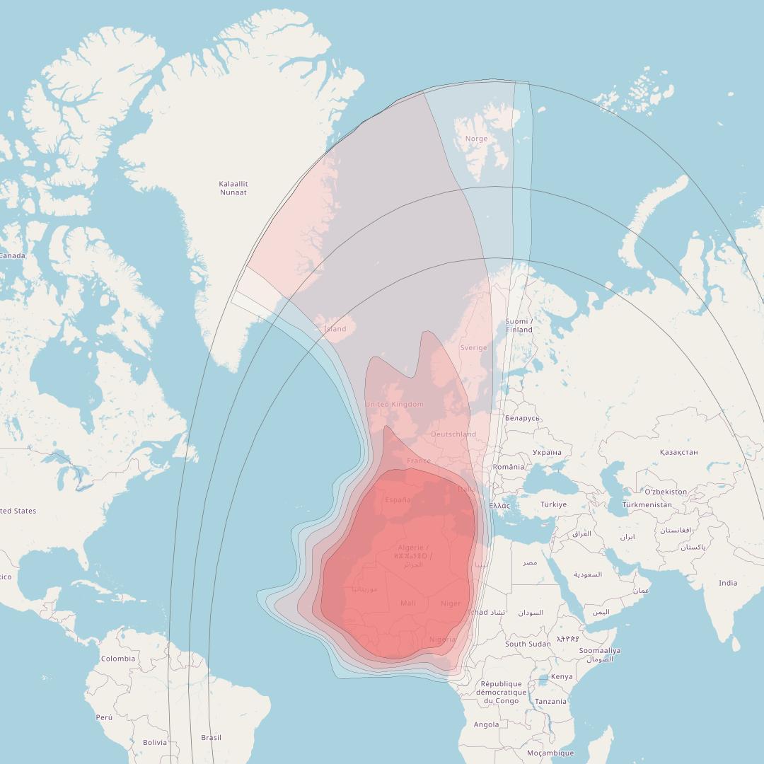 Eutelsat 21B at 21° E downlink Ku-band North-West Africa Europe beam coverage map