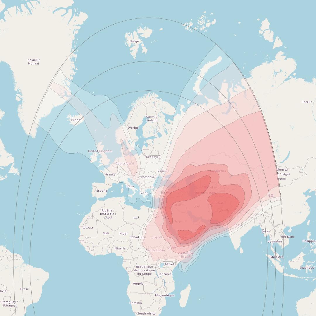 Es'hail 1 at 25° E downlink Ku-band East beam coverage map