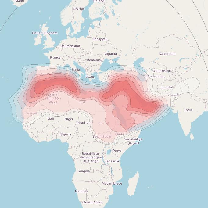 Es'hail 1 at 25° E downlink Ku-band MENA beam coverage map