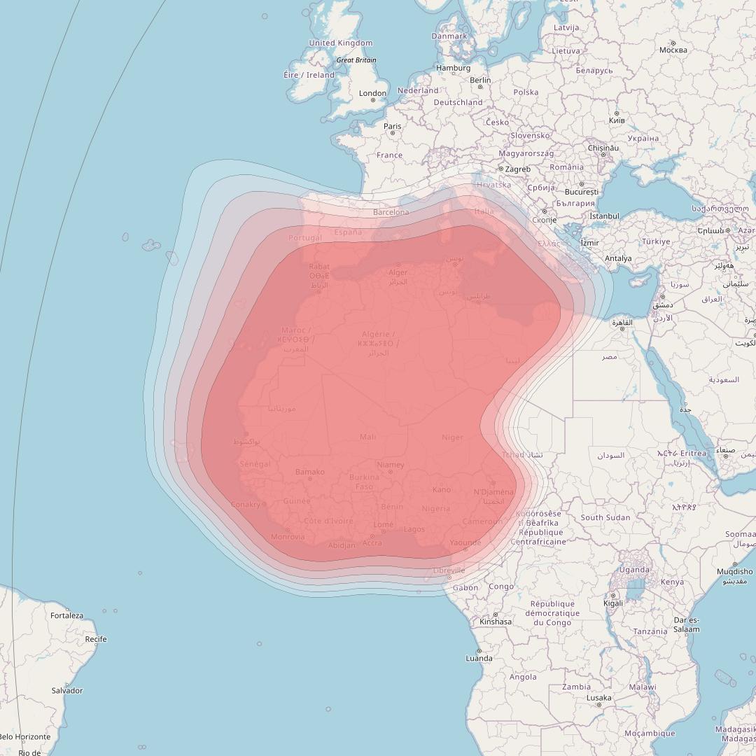 BADR 7 at 26° E downlink Ku-band FSS North West Africa beam coverage map