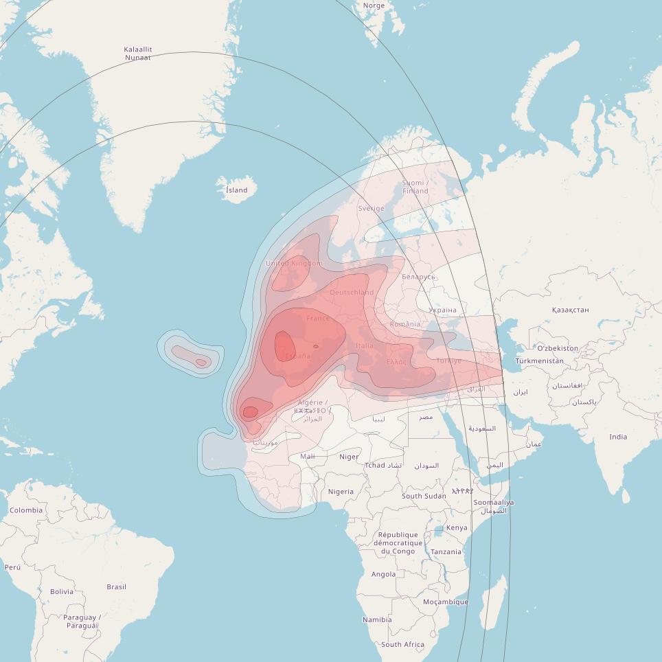 Hispasat 30W-6 at 30° W downlink Ku-band Europe North Africa beam coverage map