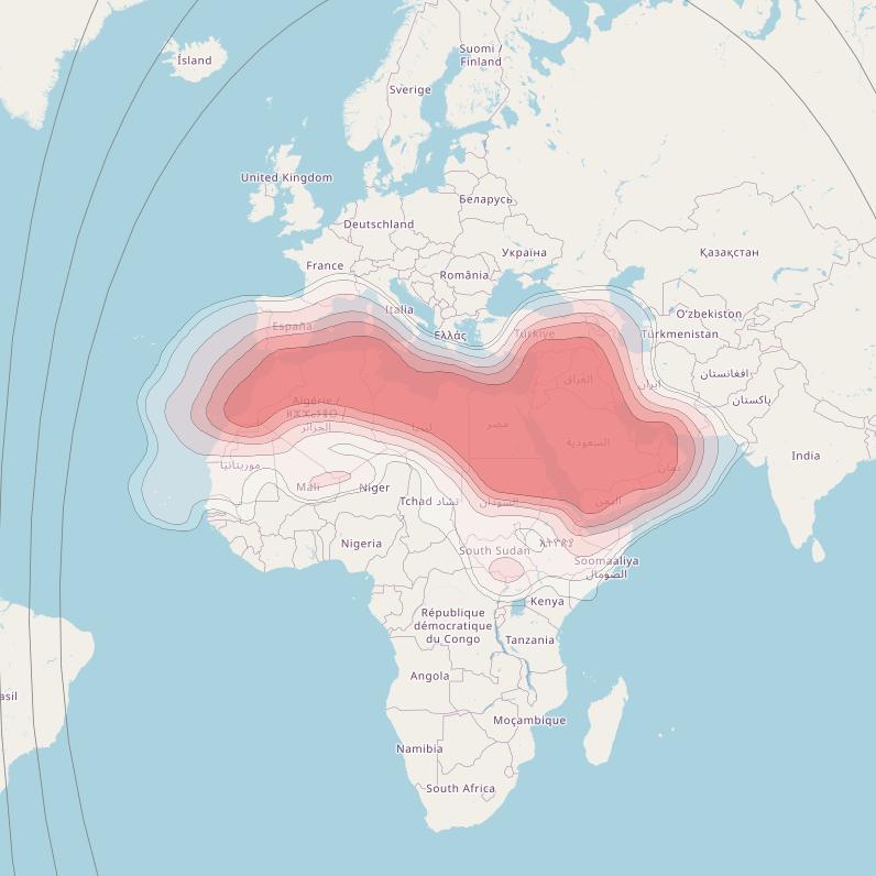 Arabsat 5A at 31° E downlink Ku-band Pan-Arabic beam coverage map