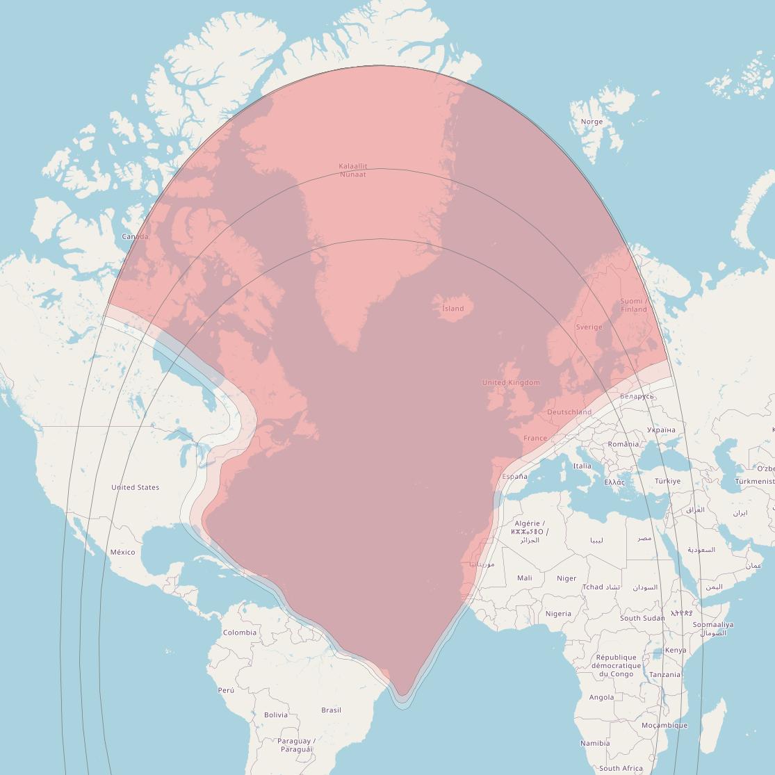 Telstar 11N at 37° W downlink Ku-band Atlantic Ocean Beam coverage map