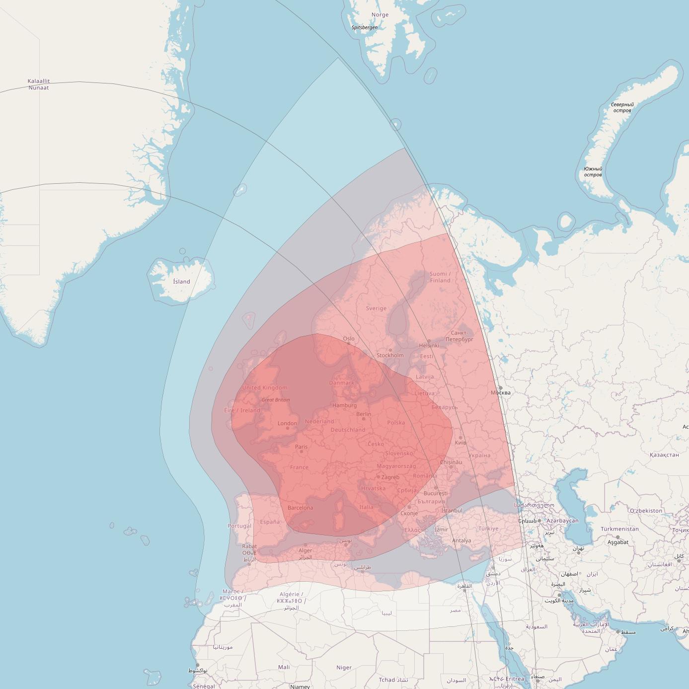 Telstar 11N at 37° W downlink Ku-band Europe Beam coverage map