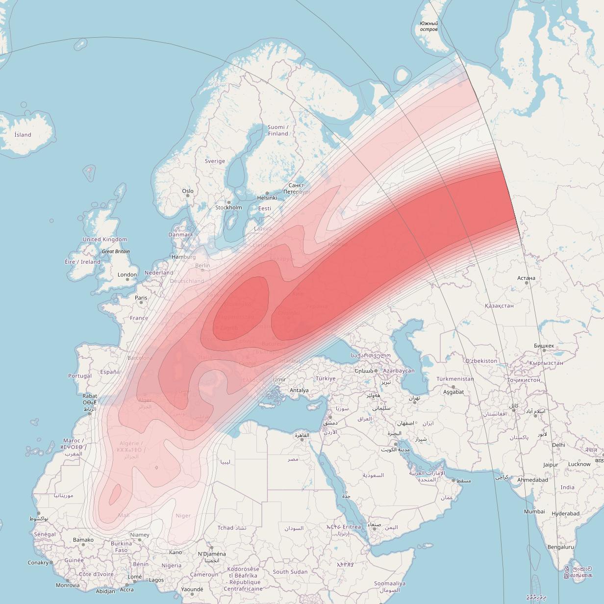 Amos 7 at 4° W downlink Ku-band Central and Eastern Europe beam coverage map