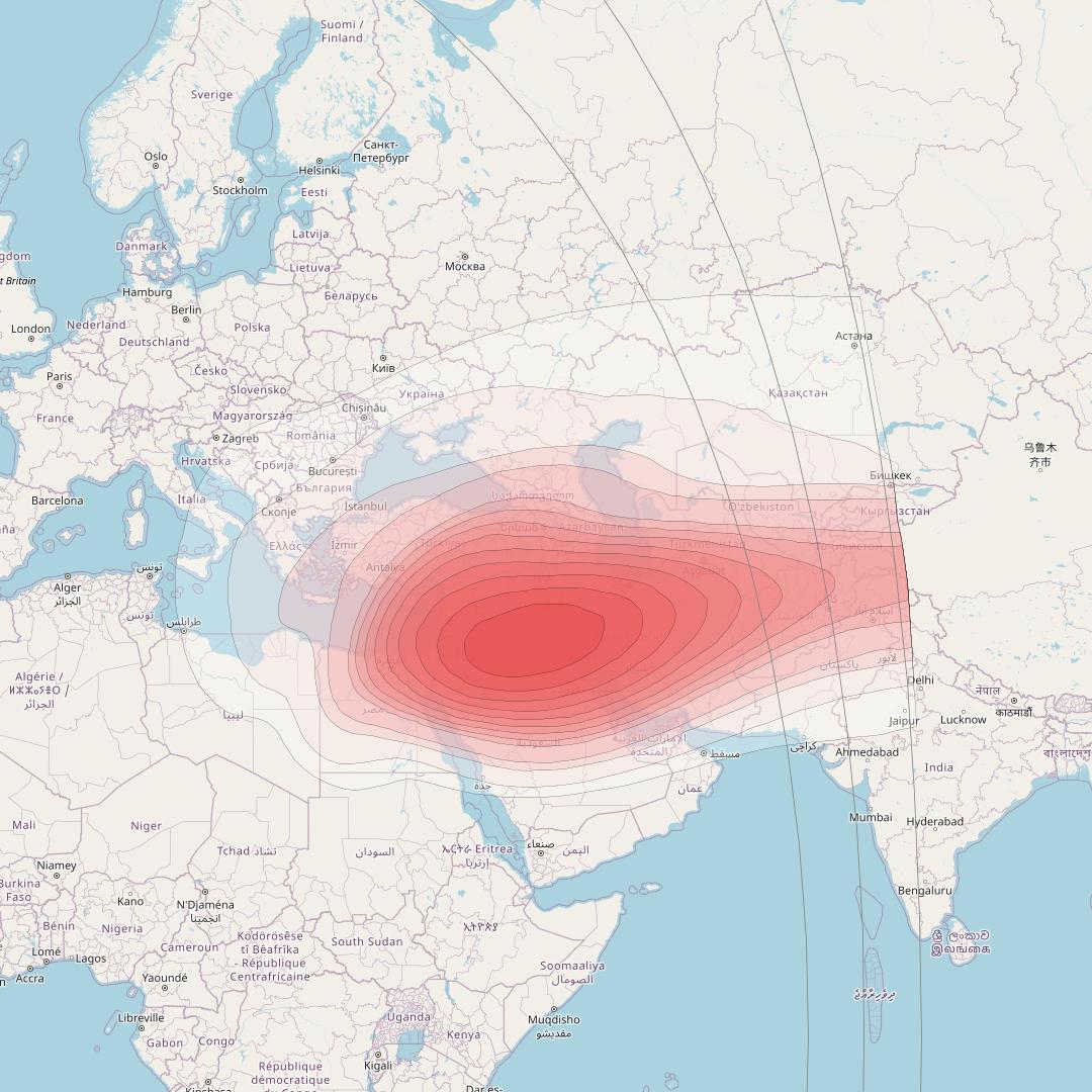 Amos 3 at 4° W downlink Ku-band Middle East Horizontal pol. Beam coverage map