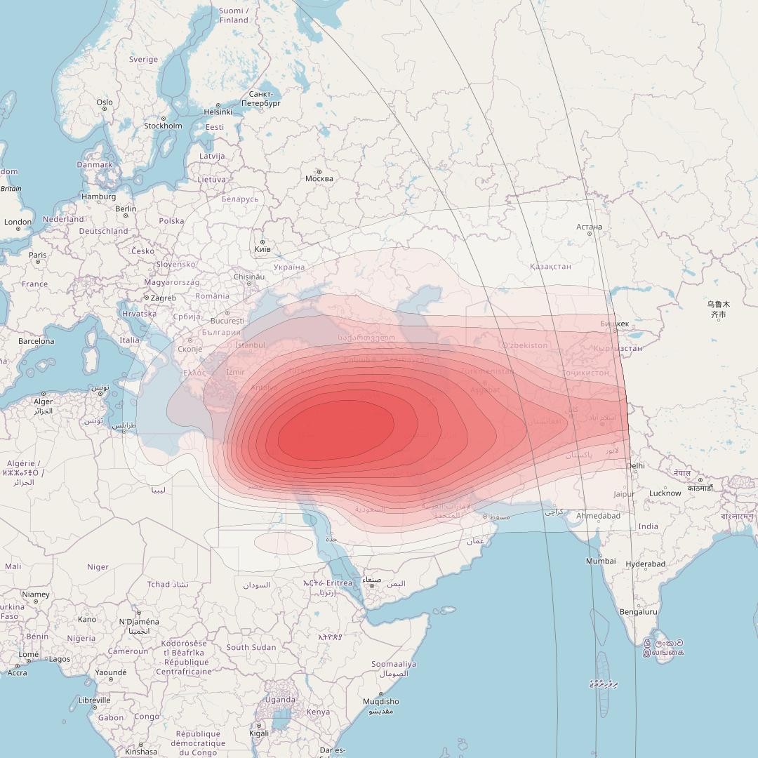 Amos 3 at 4° W downlink Ku-band Middle East Vertical pol. Beam coverage map