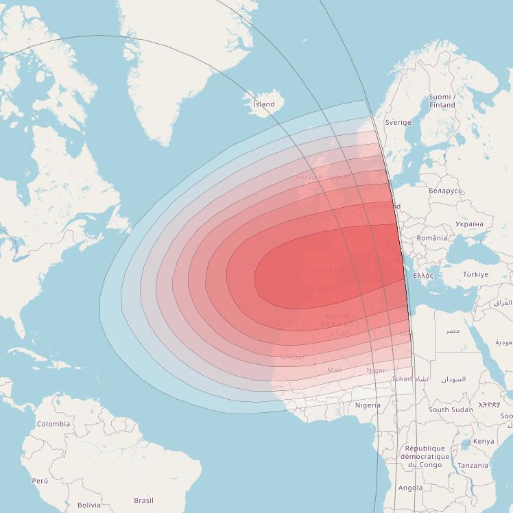 Amazonas 3 at 61° W downlink Ku-band Europe beam coverage map