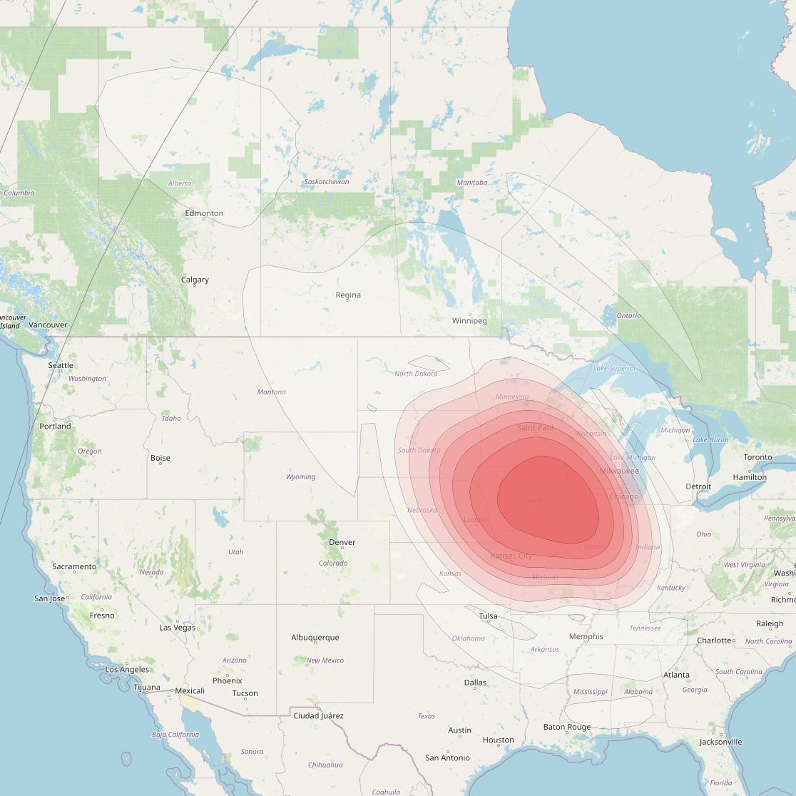 Echostar 16 at 61° W downlink Ku-band Spot SP12 beam coverage map