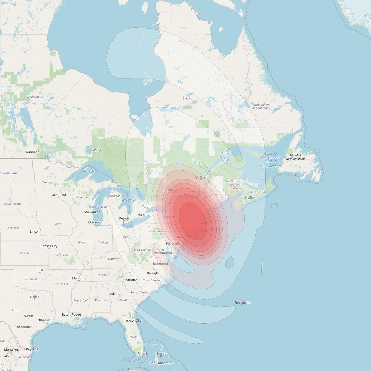 Echostar 16 at 61° W downlink Ku-band Spot SP28 beam coverage map