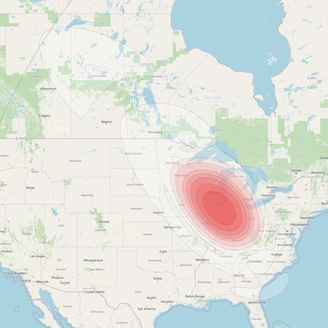 Echostar 16 at 61° W downlink Ku-band Spot SP55 beam coverage map