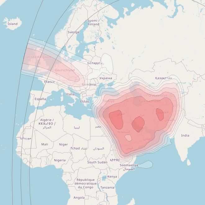 Intelsat 39 at 62° E downlink Ku-band Middle East beam coverage map