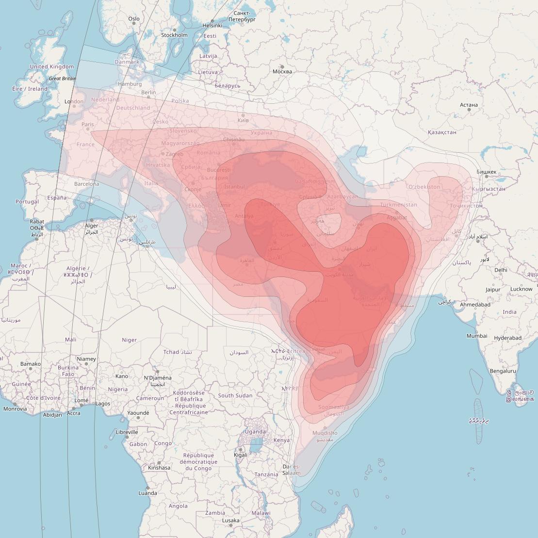 ABS-2 at 75° E downlink Ku-band MENA beam coverage map