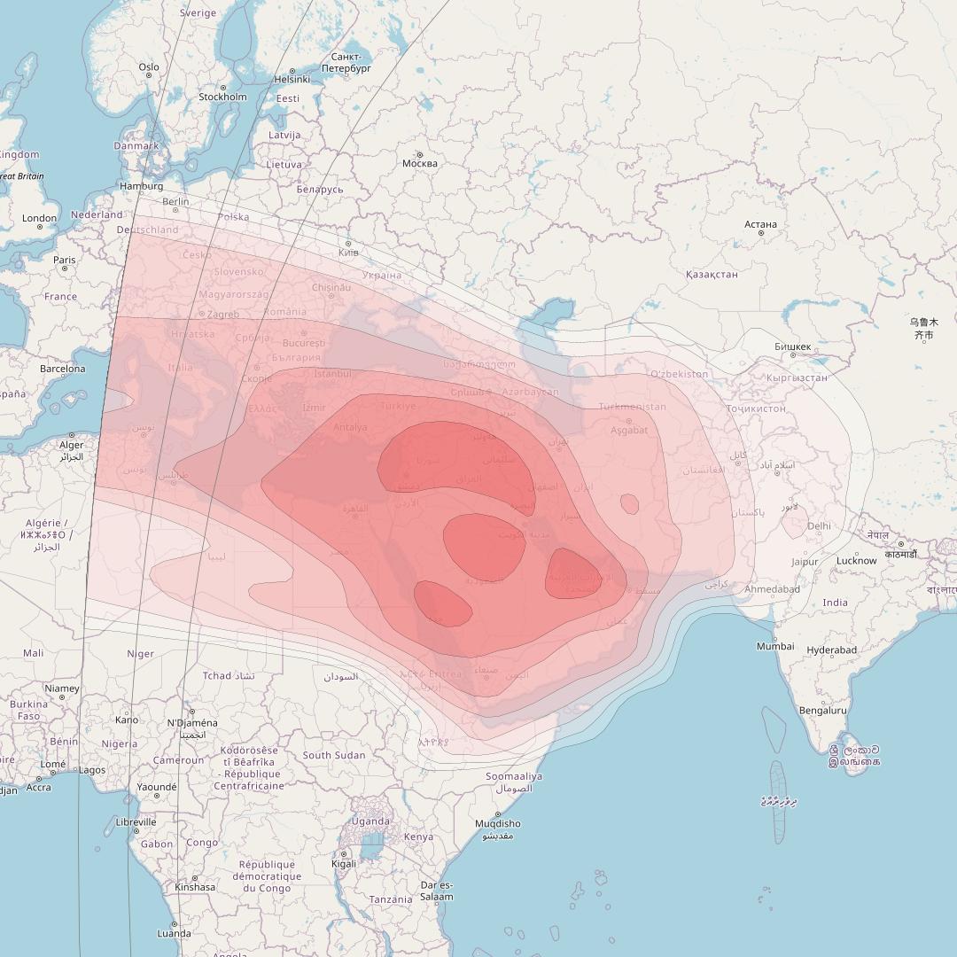 Intelsat 15 at 85° E downlink Ku-band Middle East Beam coverage map