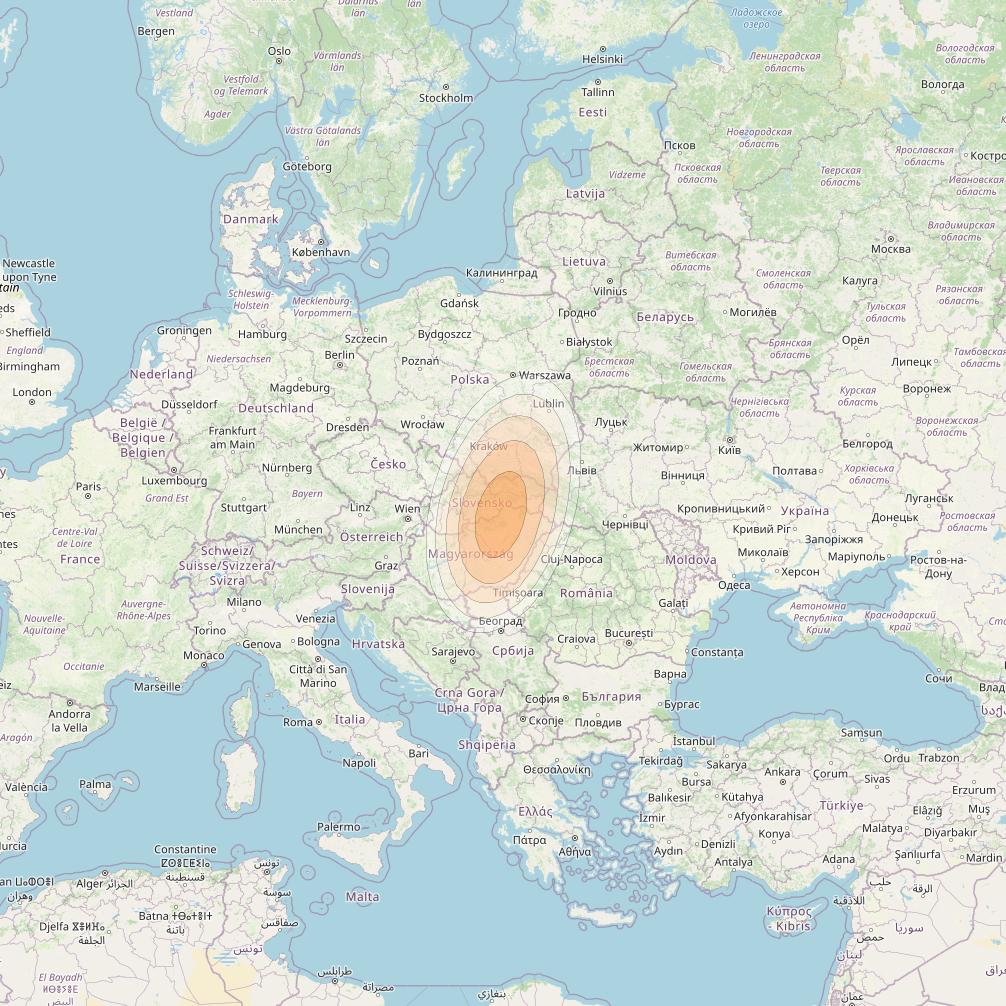 Eutelsat KA-SAT 9A at 9° E downlink Ka-band Spot 52 (GW3) beam coverage map